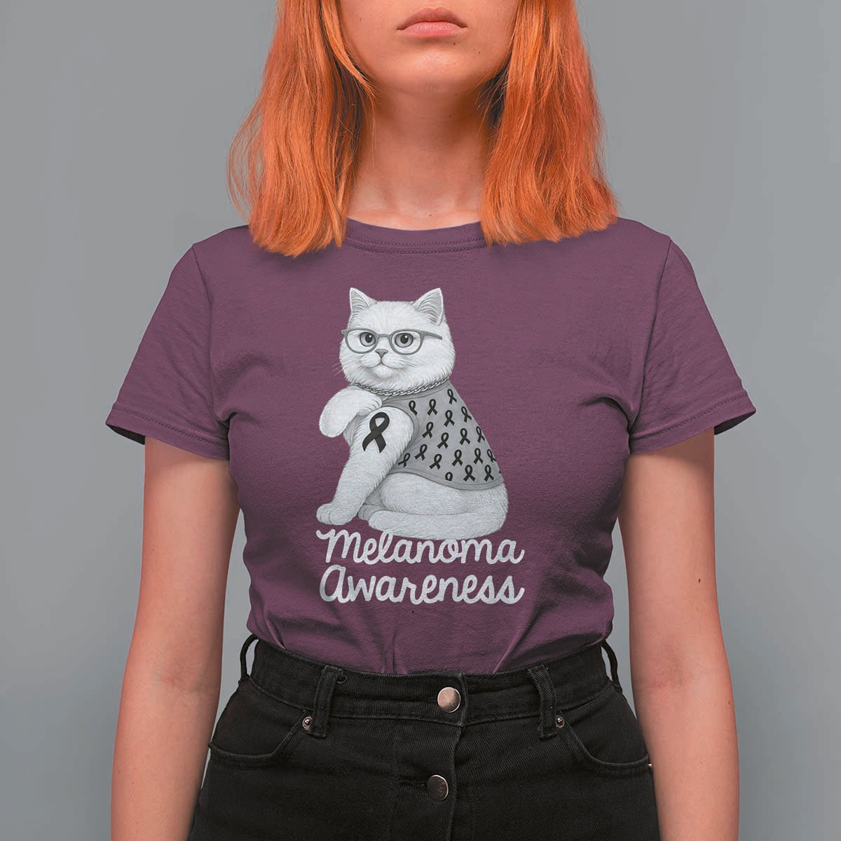 British Shorthair Skin Cancer Awareness T Shirt For Women Melanoma Fighter Cat Gift