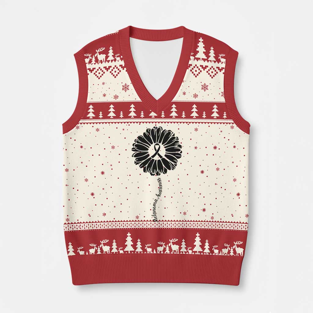 Melanoma Awareness Black Ribbon Flower V-Neck Knit Sweater Vest Skin Cancer Fighter Gift