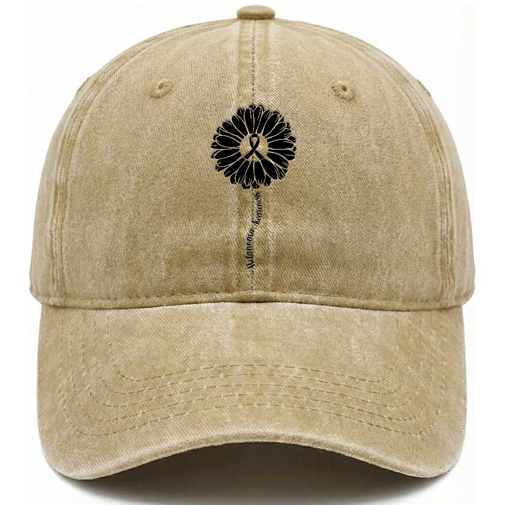 Melanoma Awareness Black Ribbon Flower Washed Cotton Baseball Cap Skin Cancer Fighter Gift