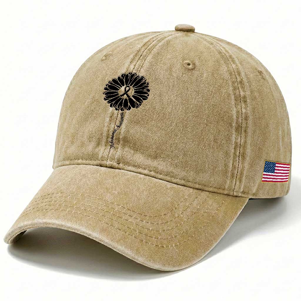 Melanoma Awareness Black Ribbon Flower Washed Cotton Baseball Cap Skin Cancer Fighter Gift