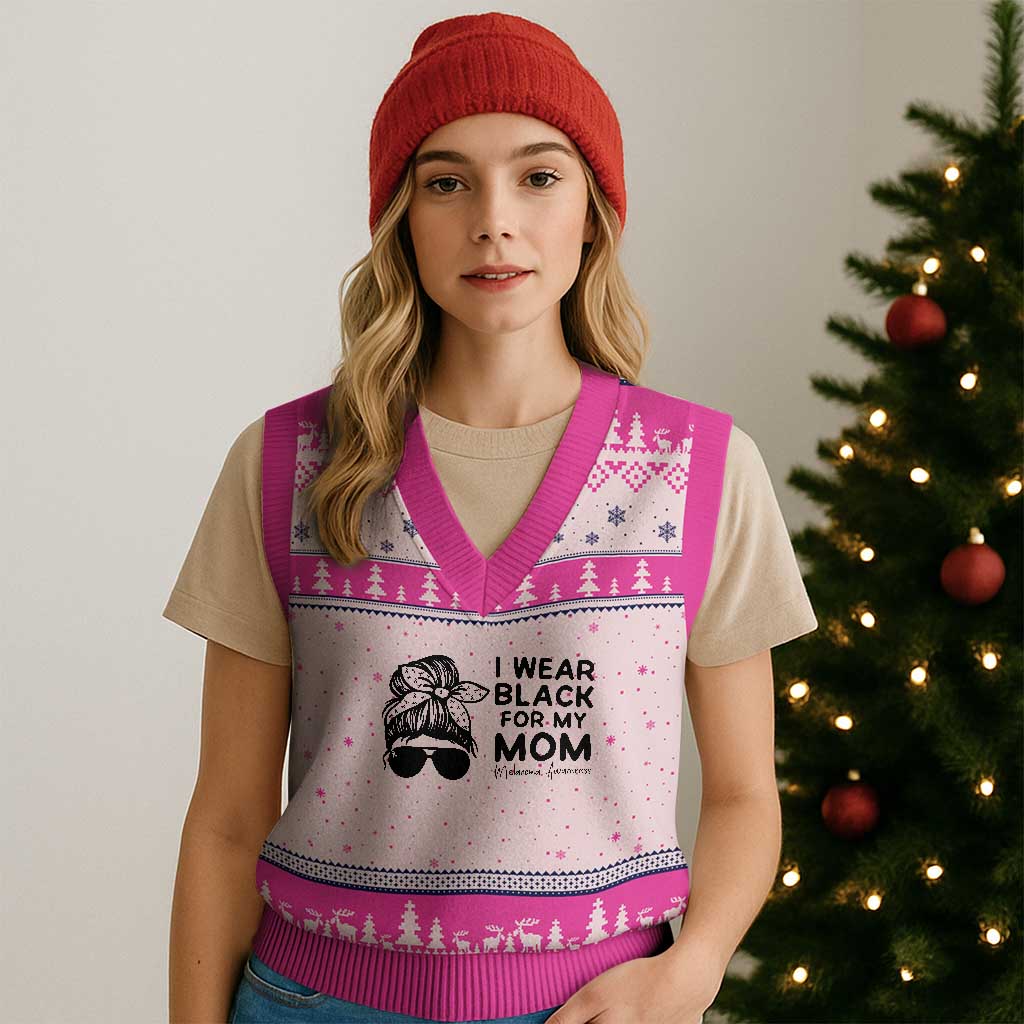I Wear Black For My Mom V-Neck Knit Sweater Vest Melanoma Awareness Family Gift