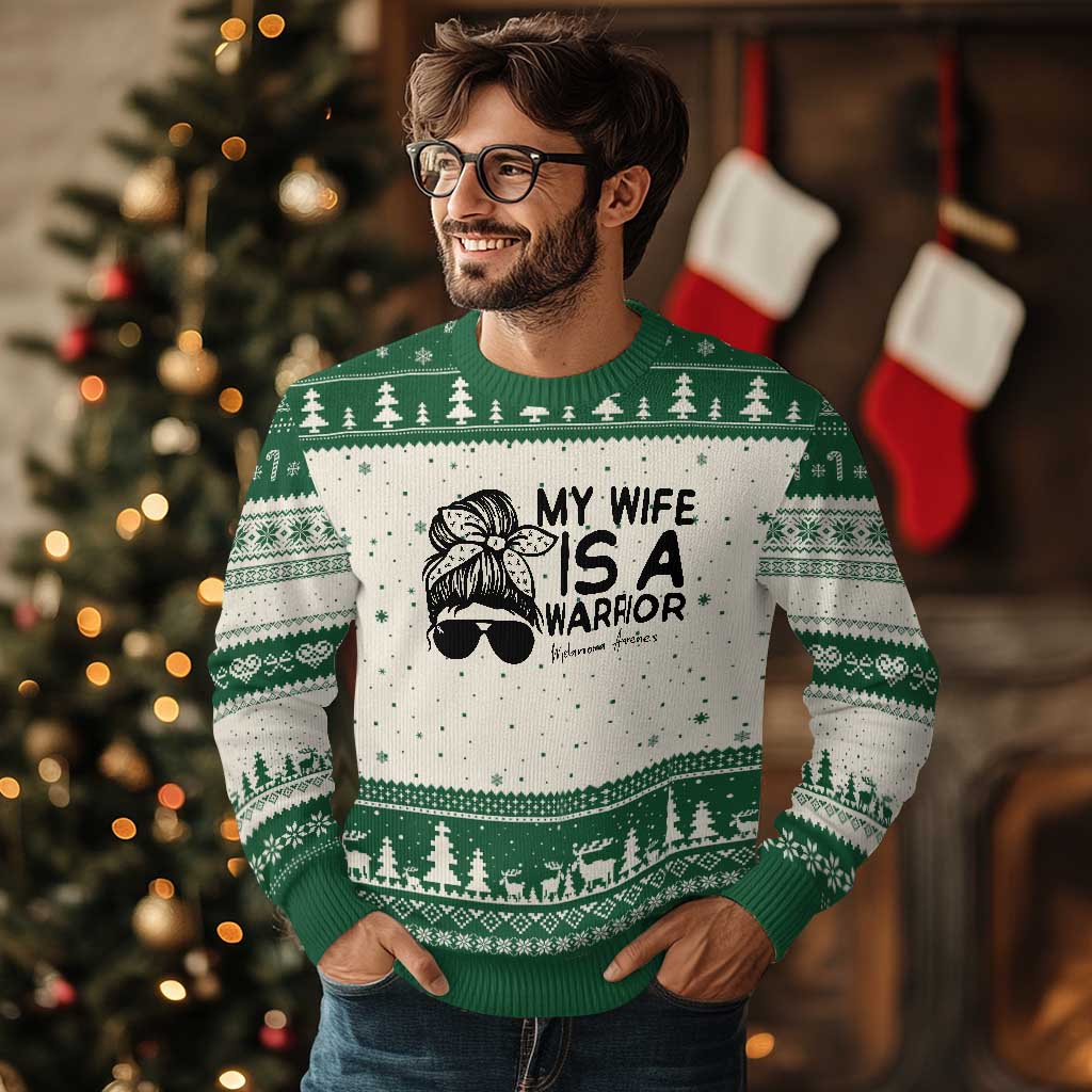 My Wife Is A Warrior Ugly Christmas Sweater Melanoma Awareness Husband Gift