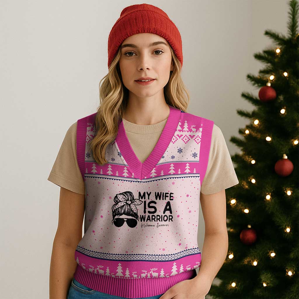My Wife Is A Warrior V-Neck Knit Sweater Vest Melanoma Awareness Husband Gift
