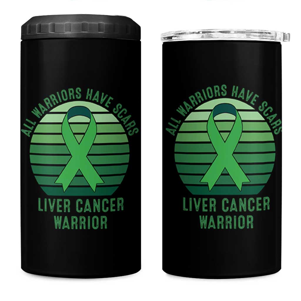 All Warriors Have Scars Liver Cancer 4 in 1 Can Cooler Tumbler Green Ribbon Survivor Fighter Gift