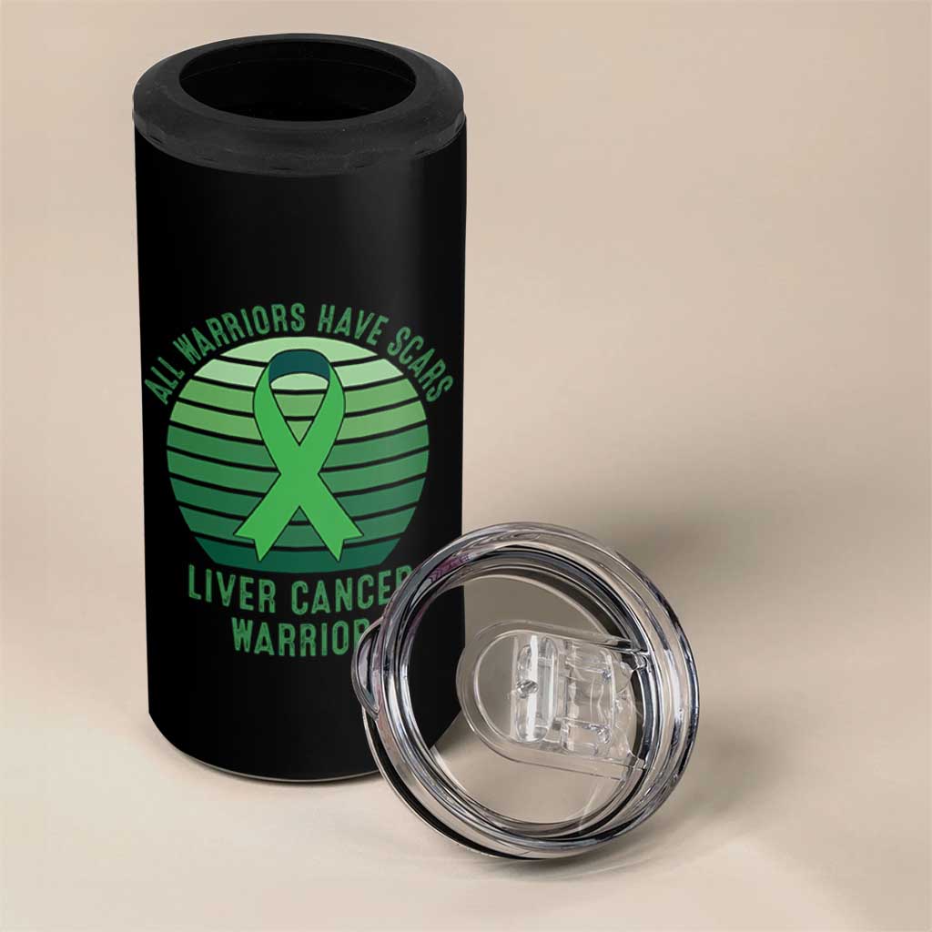 All Warriors Have Scars Liver Cancer 4 in 1 Can Cooler Tumbler Green Ribbon Survivor Fighter Gift