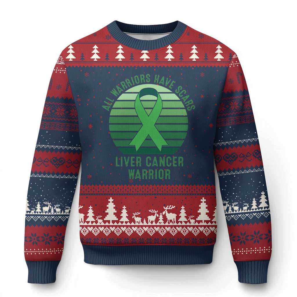 All Warriors Have Scars Liver Cancer Ugly Christmas Sweater Green Ribbon Survivor Fighter Gift