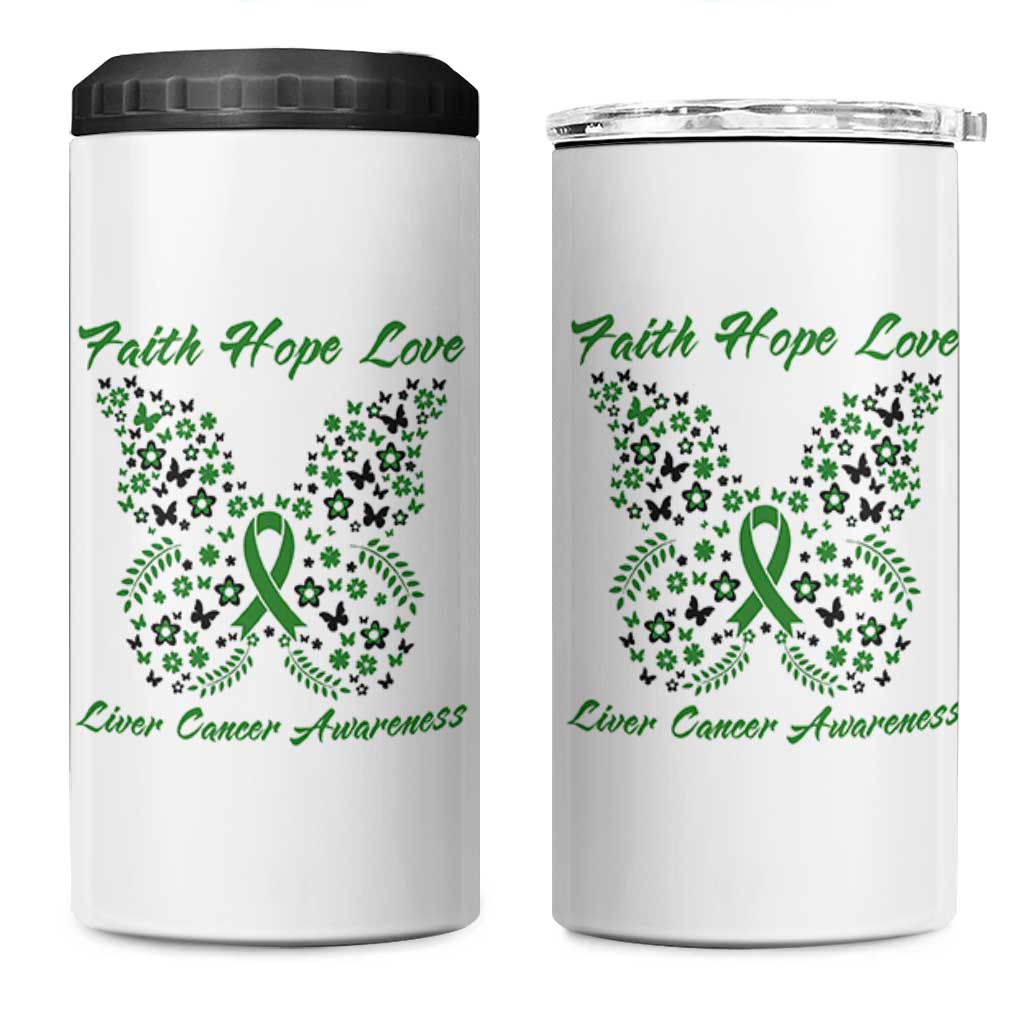 Faith Hope Love Liver Cancer Awareness 4 in 1 Can Cooler Tumbler Butterfly Ribbon Floral Gift
