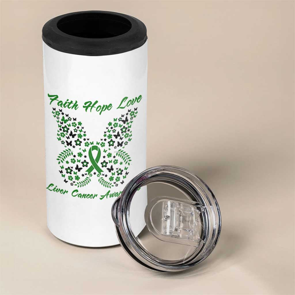 Faith Hope Love Liver Cancer Awareness 4 in 1 Can Cooler Tumbler Butterfly Ribbon Floral Gift