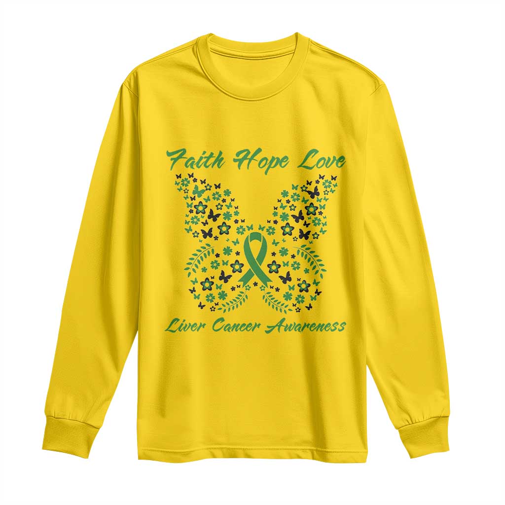Faith Hope Love Liver Cancer Awareness Long Sleeve Shirt Butterfly Ribbon Floral Gift