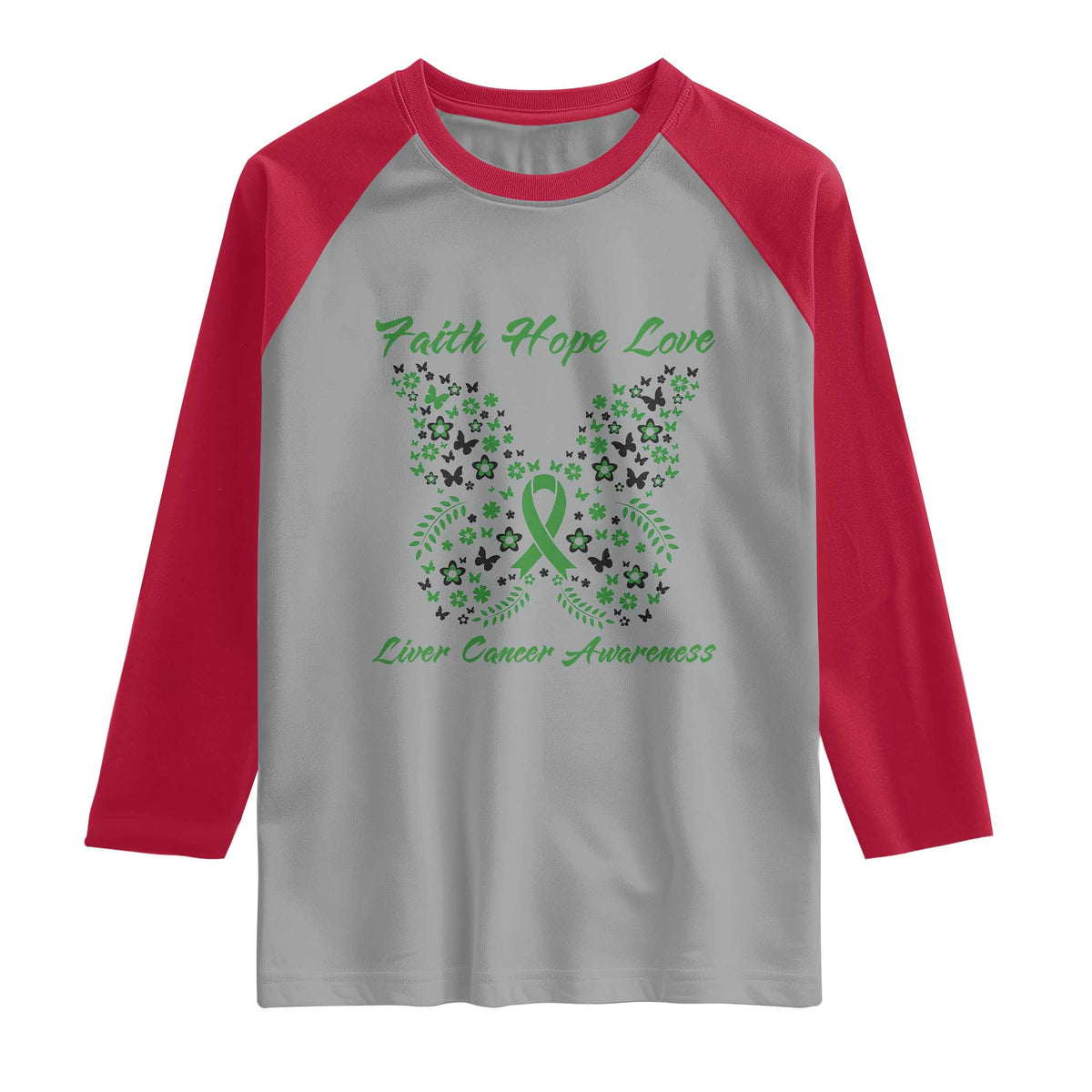 Faith Hope Love Liver Cancer Awareness Raglan Shirt Butterfly Ribbon Floral Gift