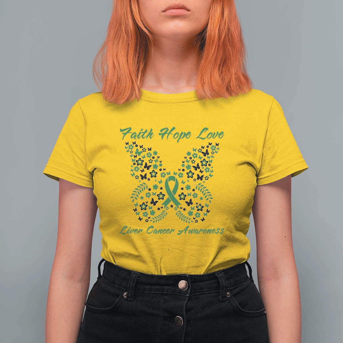 Faith Hope Love Liver Cancer Awareness T Shirt For Women Butterfly Ribbon Floral Gift