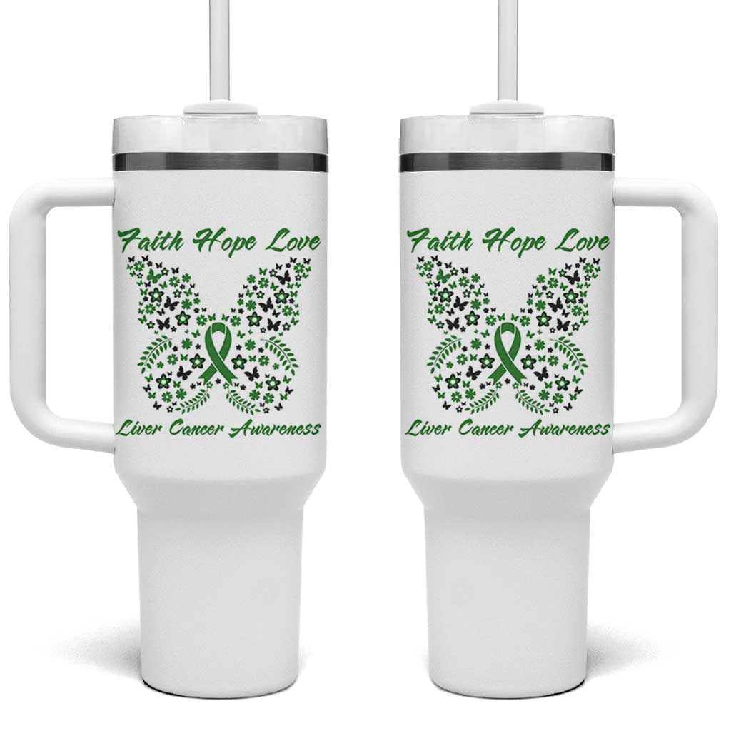 Faith Hope Love Liver Cancer Awareness Tumbler With Handle Butterfly Ribbon Floral Gift