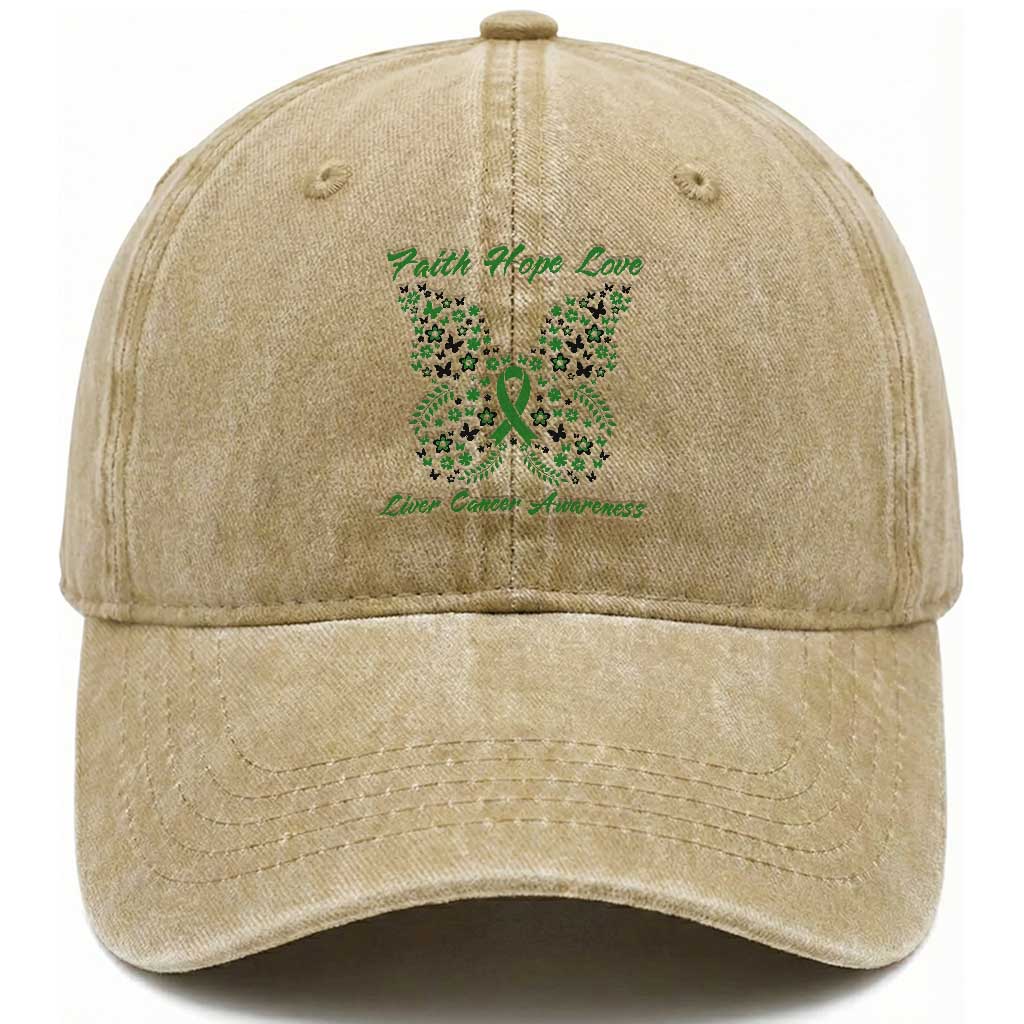 Faith Hope Love Liver Cancer Awareness Washed Cotton Baseball Cap Butterfly Ribbon Floral Gift