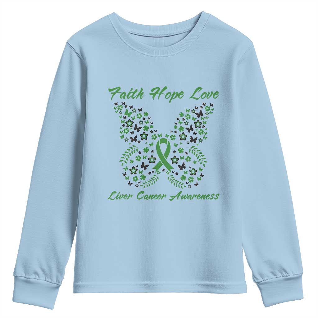 Faith Hope Love Liver Cancer Awareness Youth Sweatshirt Butterfly Ribbon Floral Gift