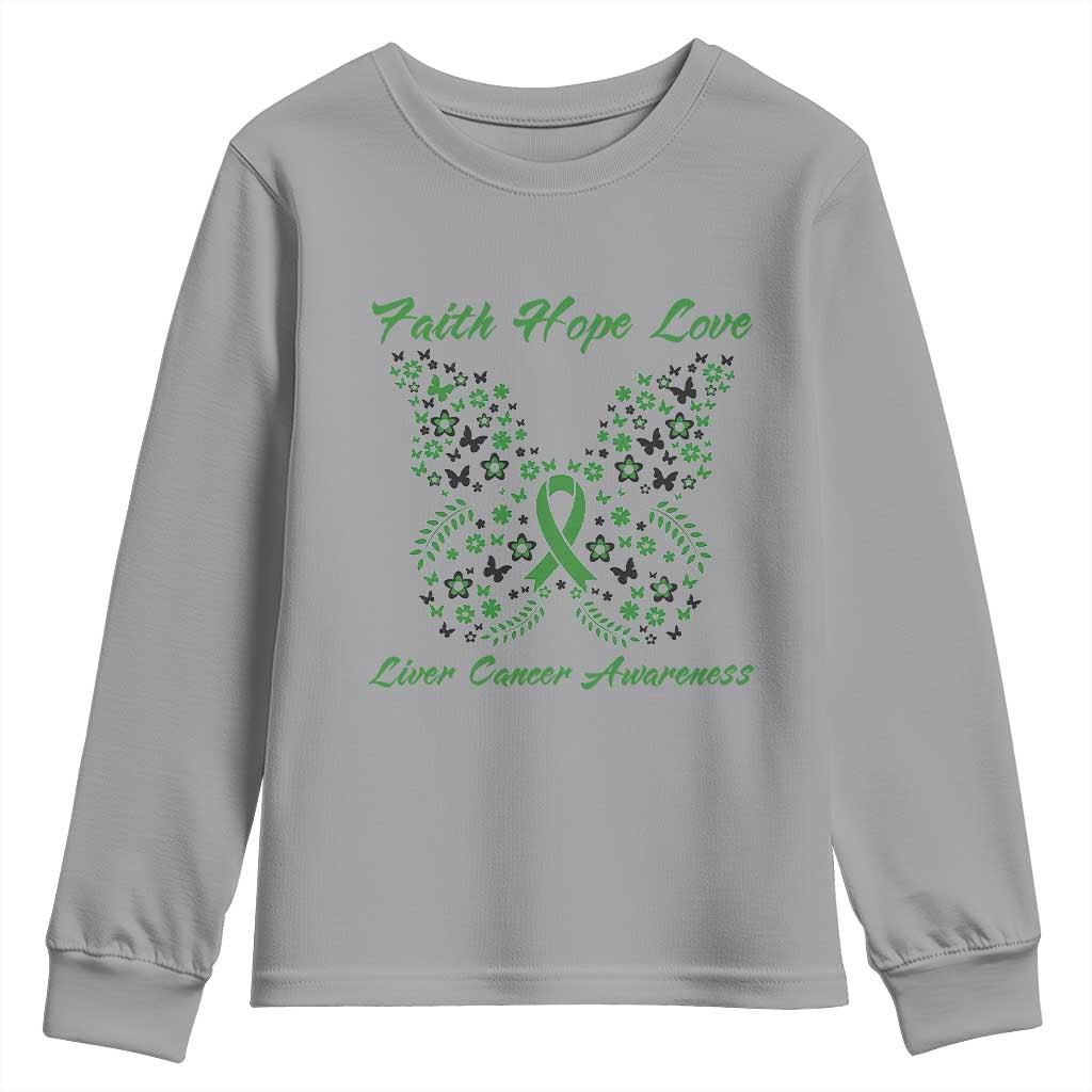 Faith Hope Love Liver Cancer Awareness Youth Sweatshirt Butterfly Ribbon Floral Gift