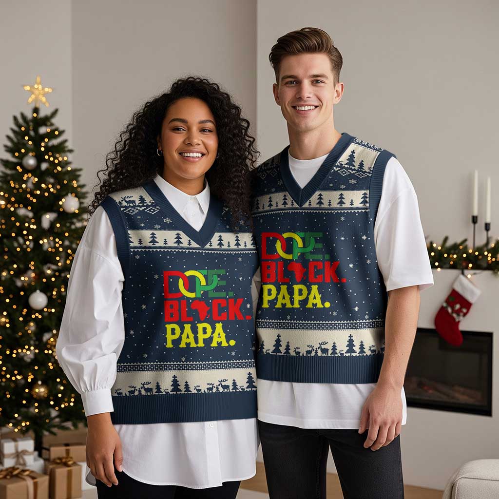 Dope Black Papa V-Neck Knit Sweater Vest Melanin King Fathers Day Gift