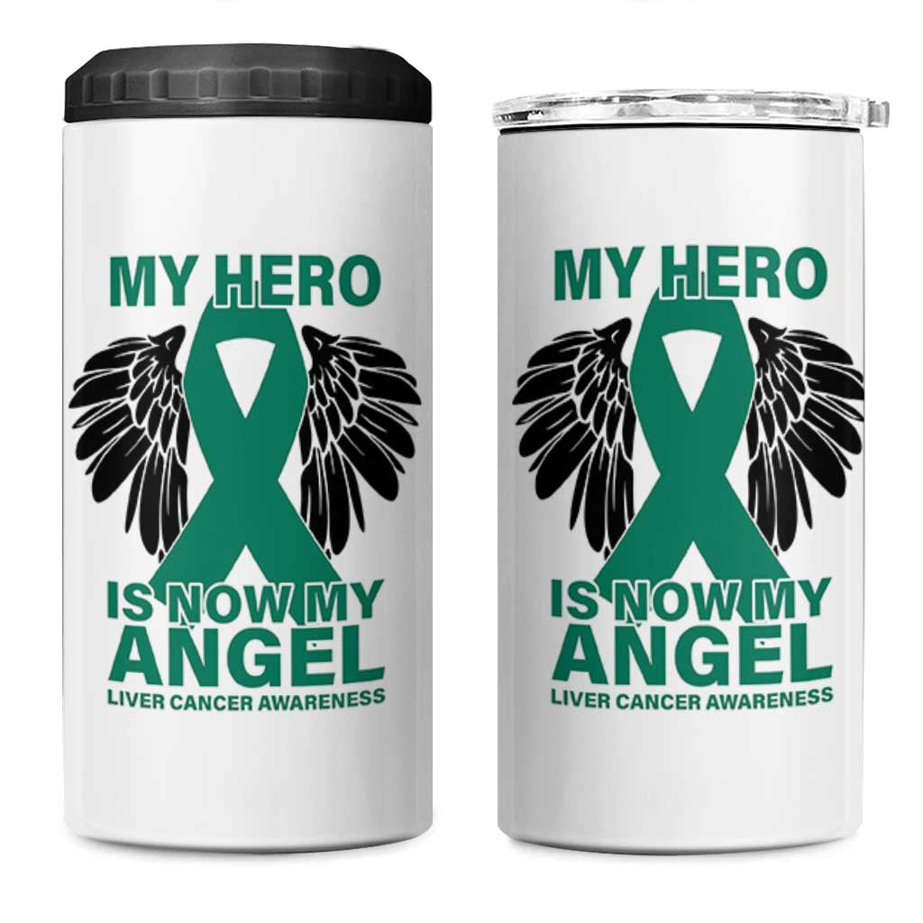 Liver Cancer Awareness Memorial Gift 4 in 1 Can Cooler Tumbler My Hero Is Now My Angel