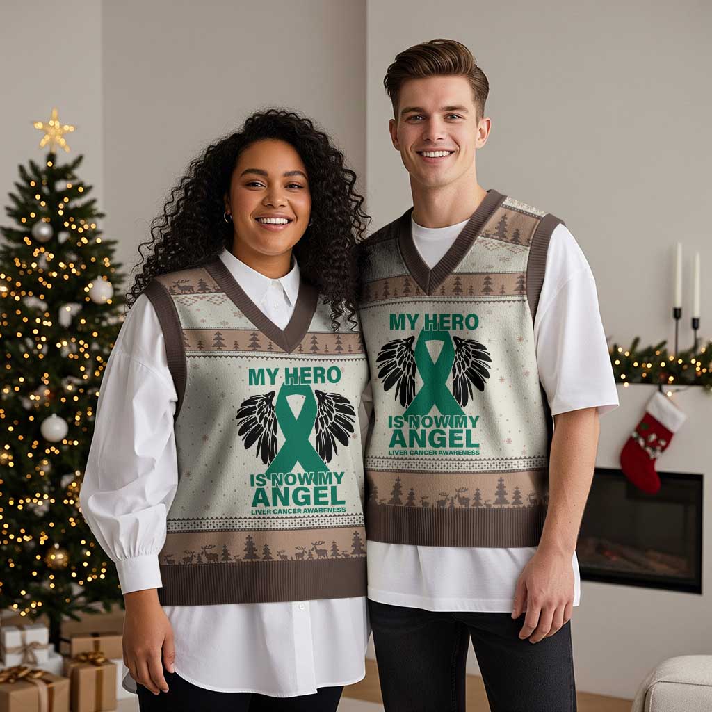 Liver Cancer Awareness Memorial Gift V-Neck Knit Sweater Vest My Hero Is Now My Angel