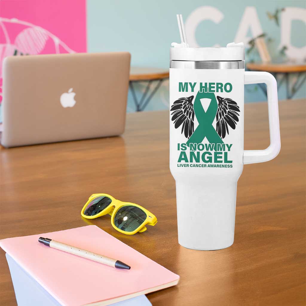 Liver Cancer Awareness Memorial Gift Tumbler With Handle My Hero Is Now My Angel