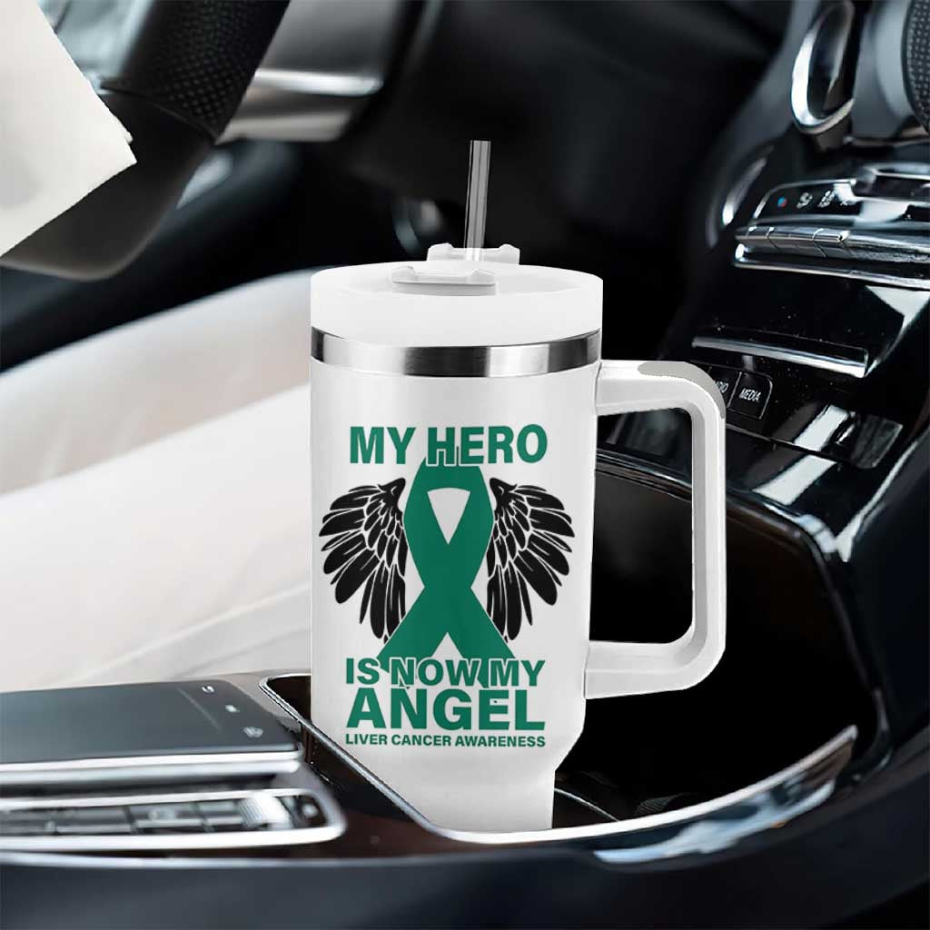 Liver Cancer Awareness Memorial Gift Tumbler With Handle My Hero Is Now My Angel