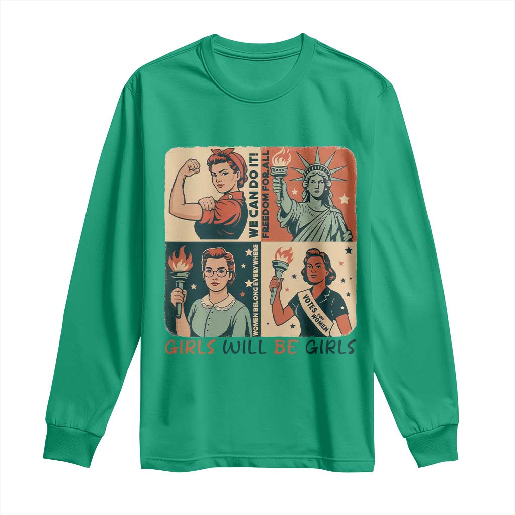 Girls Will Be Girls Long Sleeve Shirt Patriotic Feminist USA Women - Wonder Print Shop