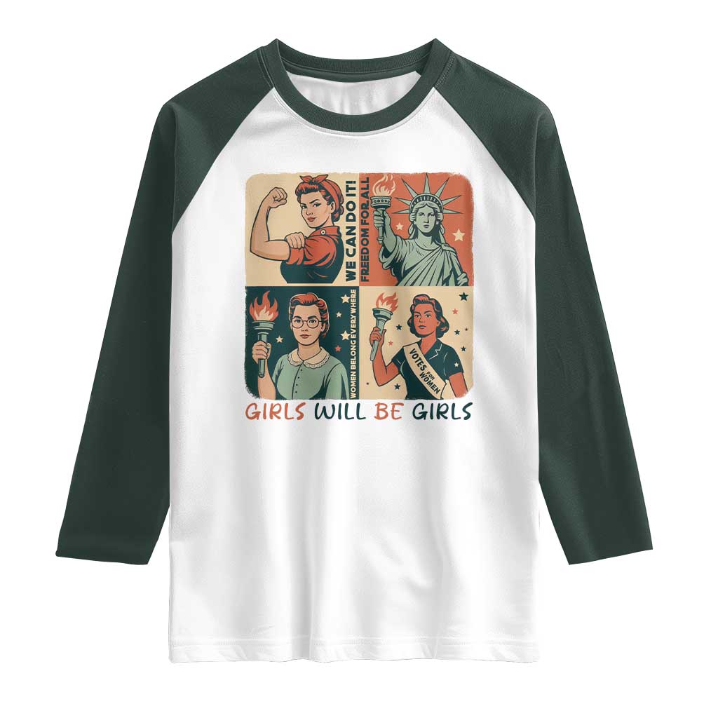 Girls Will Be Girls Raglan Shirt Patriotic Feminist USA Women - Wonder Print Shop