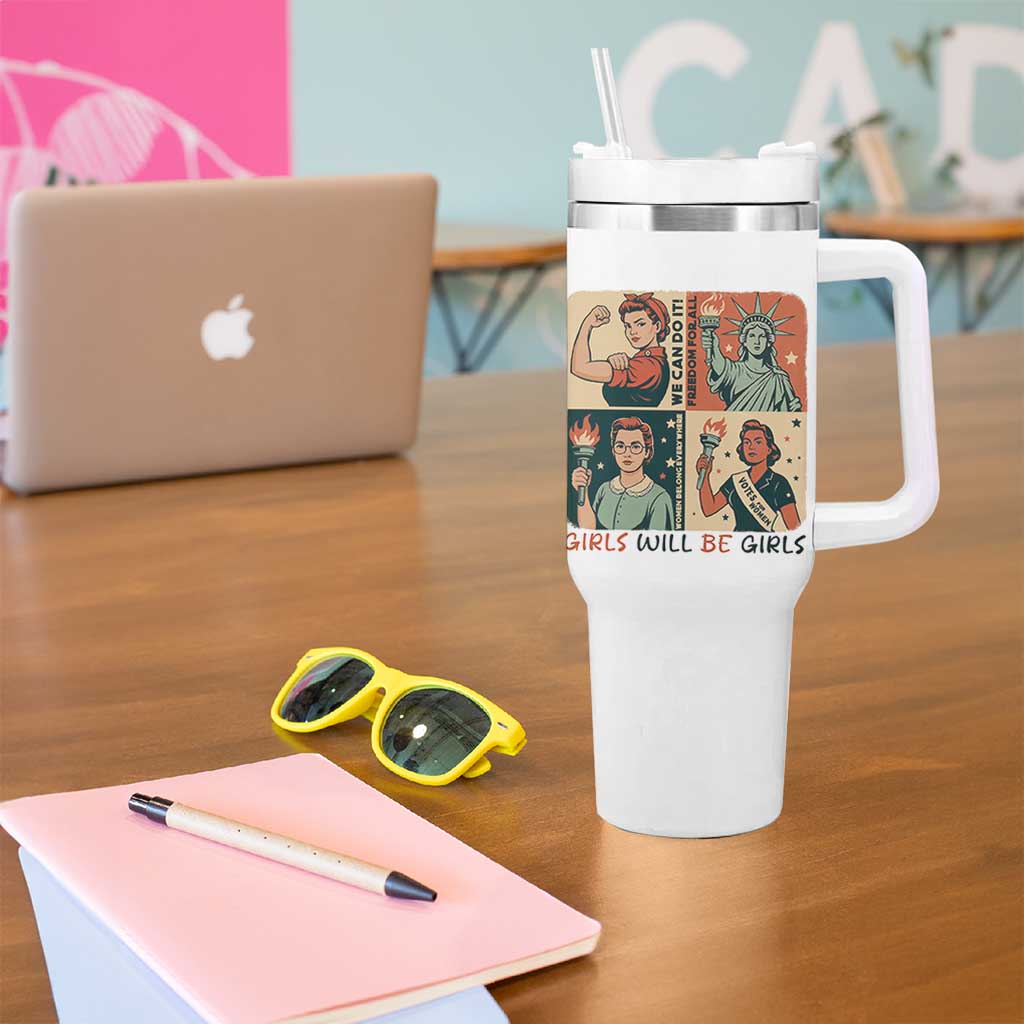 Girls Will Be Girls Tumbler With Handle Patriotic Feminist USA Women