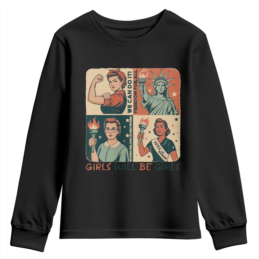 Girls Will Be Girls Youth Sweatshirt Patriotic Feminist USA Women - Wonder Print Shop