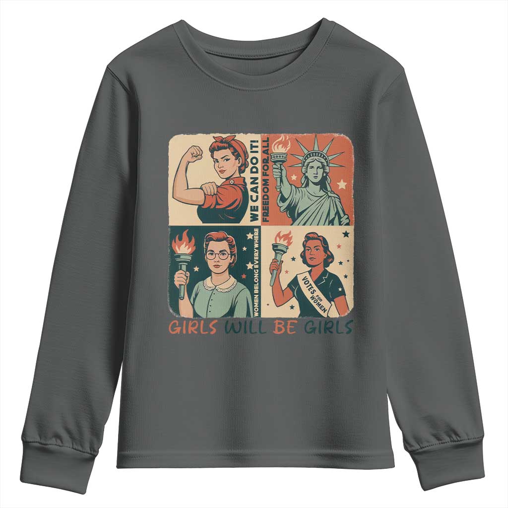 Girls Will Be Girls Youth Sweatshirt Patriotic Feminist USA Women - Wonder Print Shop