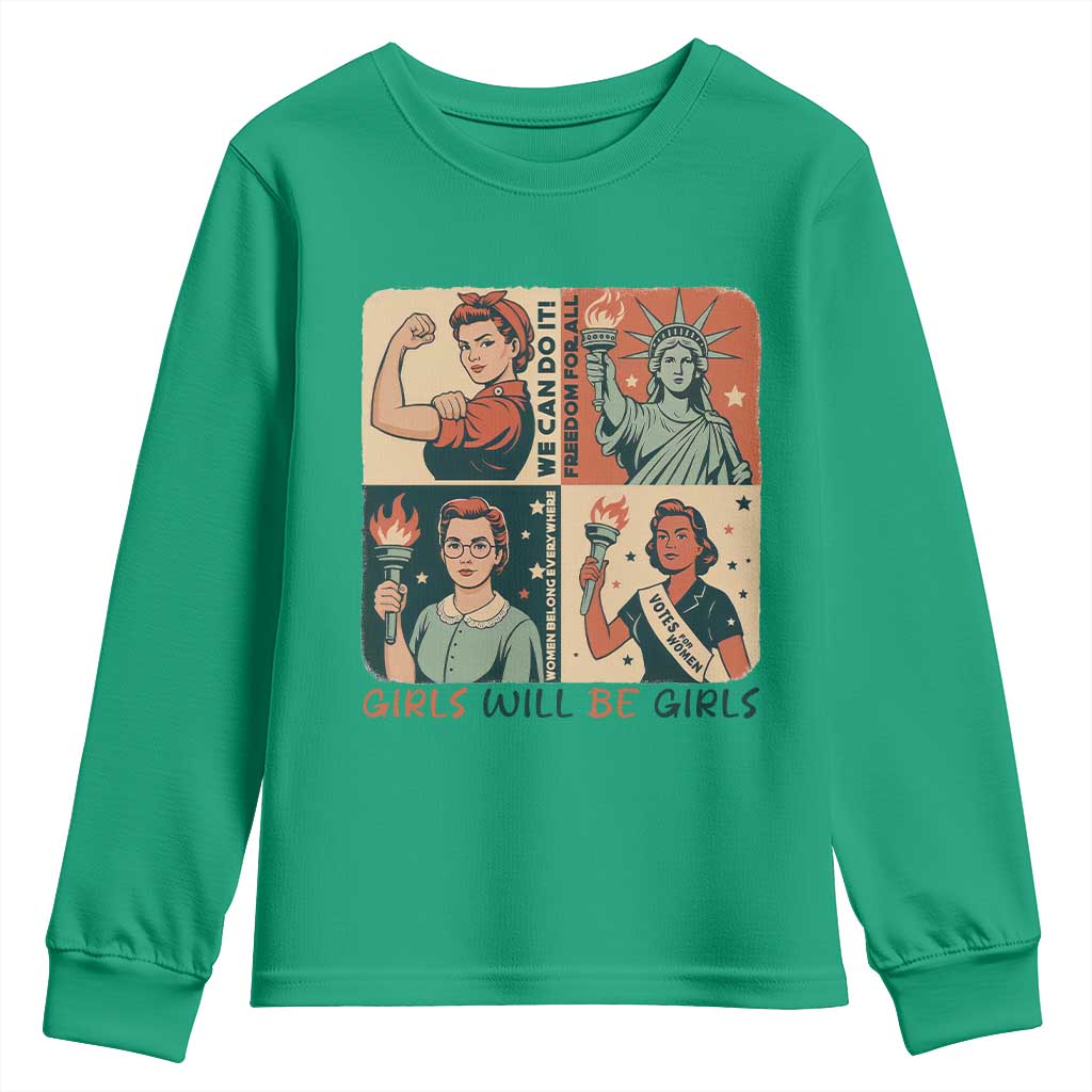 Girls Will Be Girls Youth Sweatshirt Patriotic Feminist USA Women - Wonder Print Shop