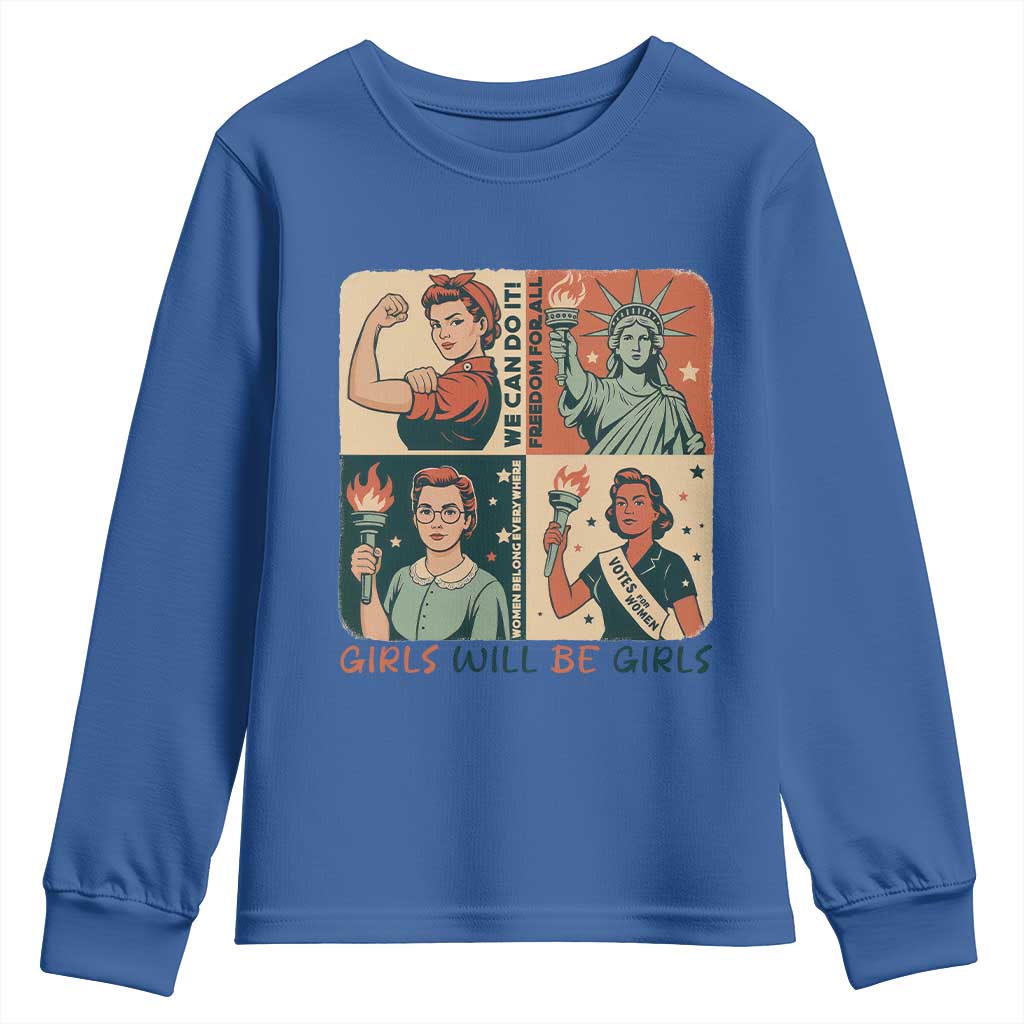 Girls Will Be Girls Youth Sweatshirt Patriotic Feminist USA Women - Wonder Print Shop