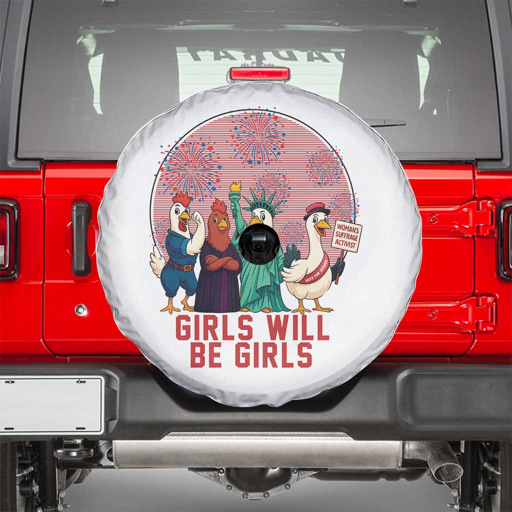 Girls Will Be Girls Spare Tire Cover Funny Patriotic Feathered Feminists Ducks - Wonder Print Shop