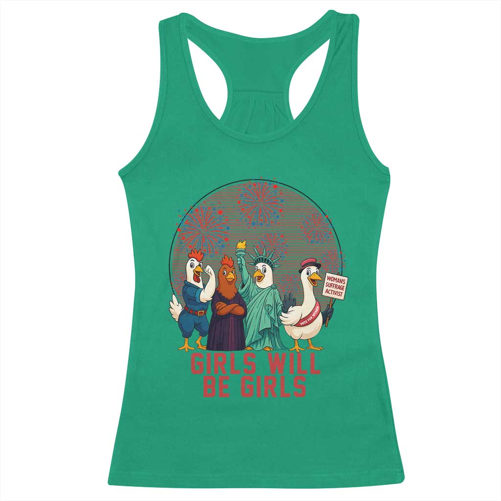 Girls Will Be Girls Racerback Tank Top Funny Patriotic Feathered Feminists Ducks - Wonder Print Shop