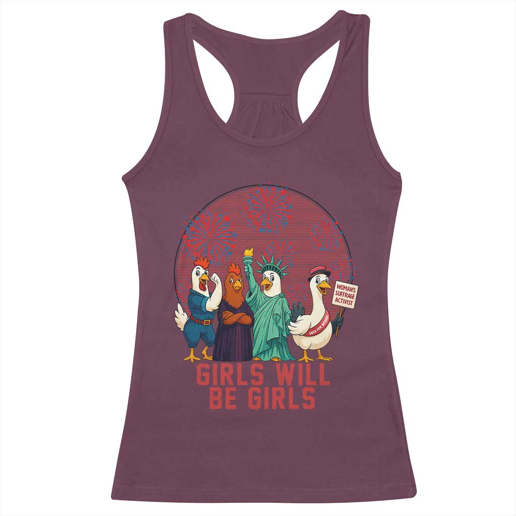 Girls Will Be Girls Racerback Tank Top Funny Patriotic Feathered Feminists Ducks - Wonder Print Shop