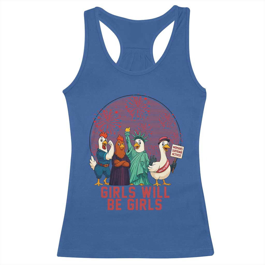Girls Will Be Girls Racerback Tank Top Funny Patriotic Feathered Feminists Ducks - Wonder Print Shop