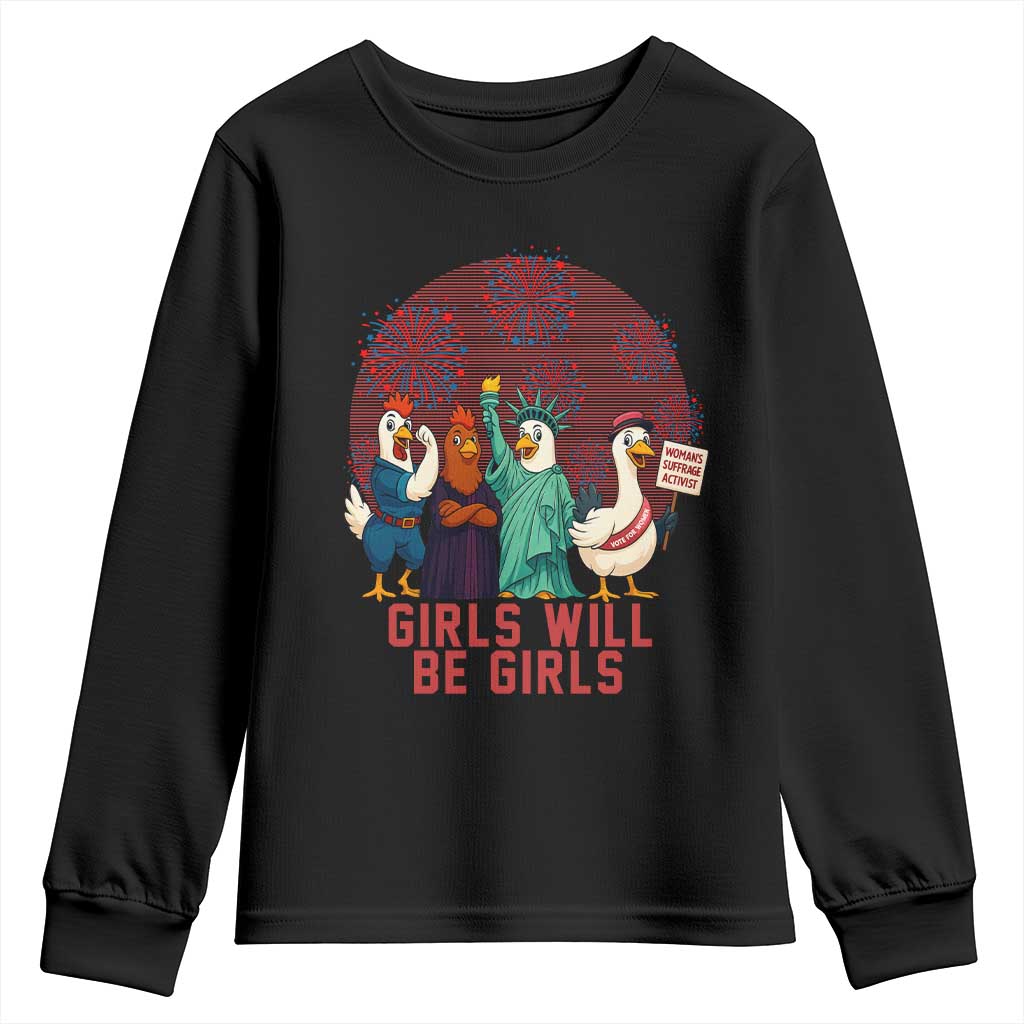 Girls Will Be Girls Youth Sweatshirt Funny Patriotic Feathered Feminists Ducks - Wonder Print Shop