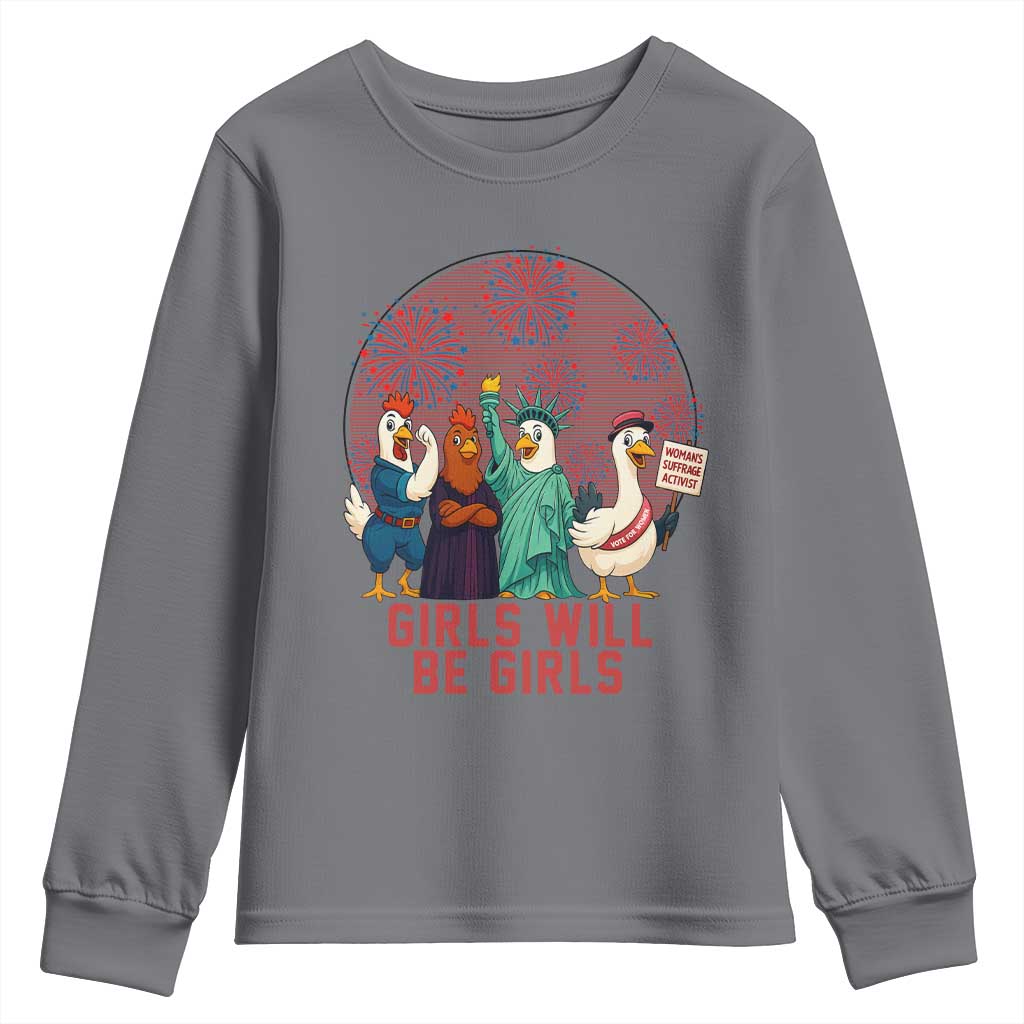 Girls Will Be Girls Youth Sweatshirt Funny Patriotic Feathered Feminists Ducks - Wonder Print Shop