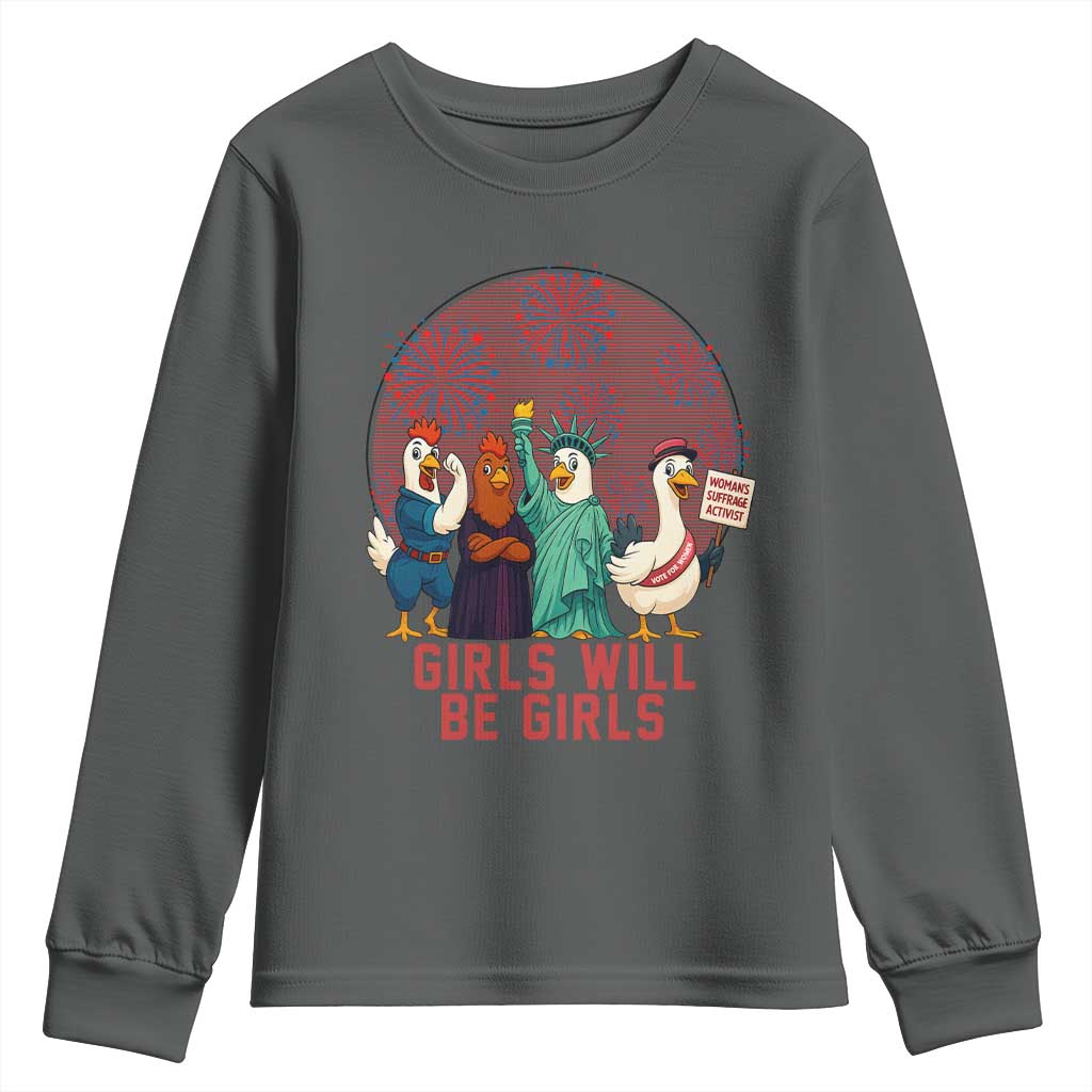 Girls Will Be Girls Youth Sweatshirt Funny Patriotic Feathered Feminists Ducks - Wonder Print Shop