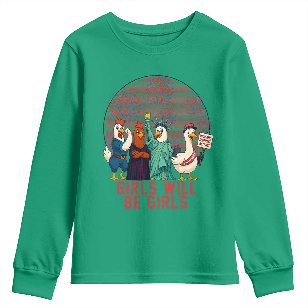 Girls Will Be Girls Youth Sweatshirt Funny Patriotic Feathered Feminists Ducks - Wonder Print Shop