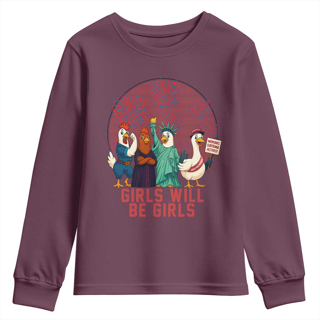 Girls Will Be Girls Youth Sweatshirt Funny Patriotic Feathered Feminists Ducks - Wonder Print Shop