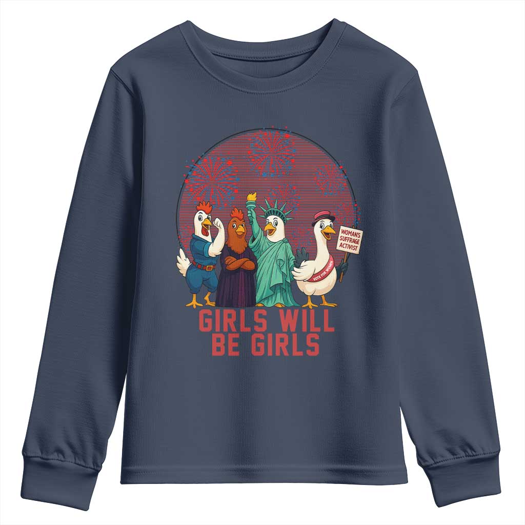 Girls Will Be Girls Youth Sweatshirt Funny Patriotic Feathered Feminists Ducks - Wonder Print Shop