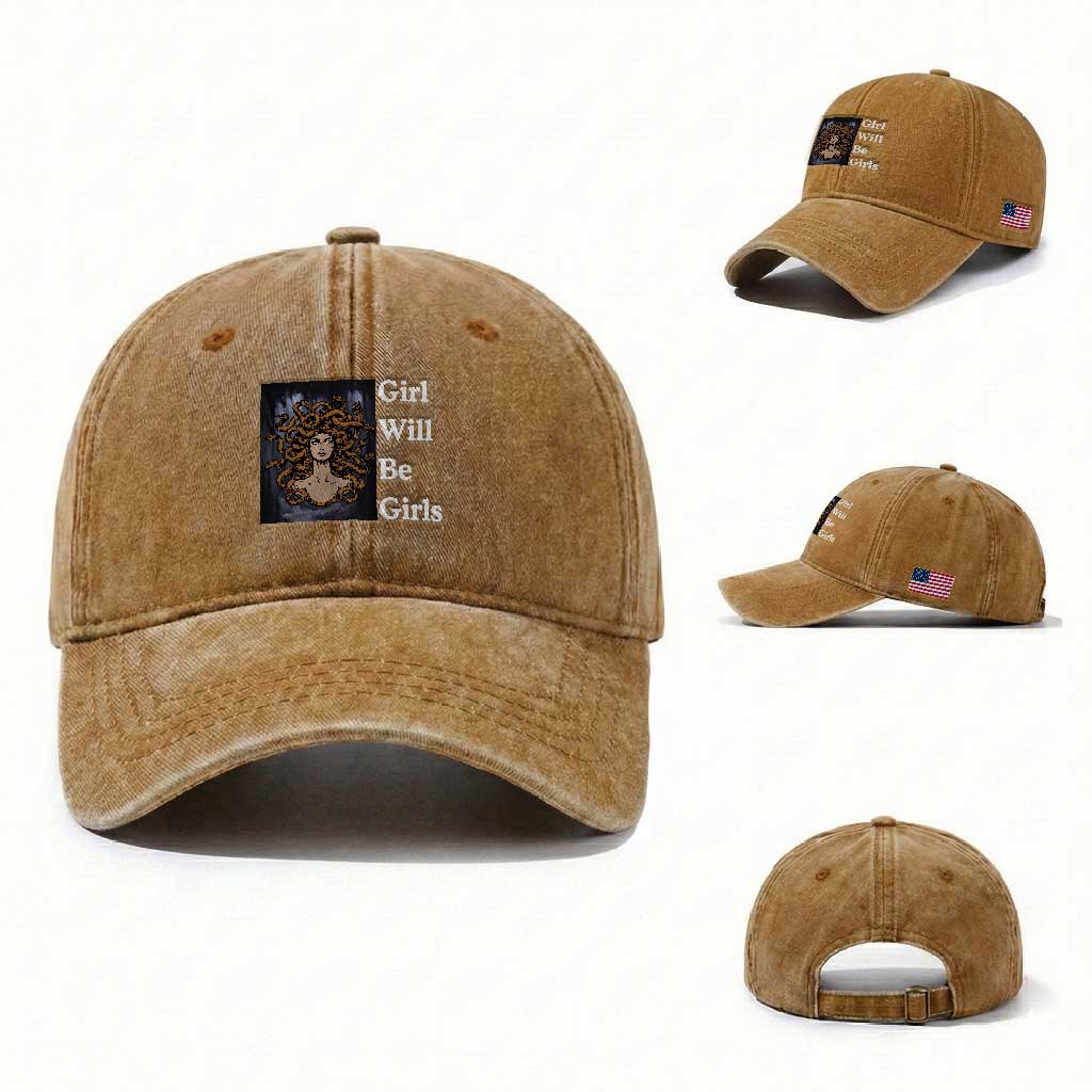 Girl Will Be Girls Washed Cotton Baseball Cap Medusa Mythology Feminist Women