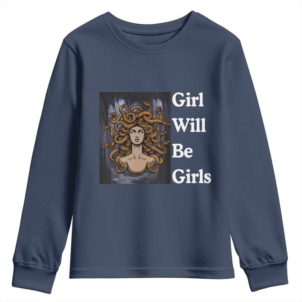 Girl Will Be Girls Youth Sweatshirt Medusa Mythology Feminist Women - Wonder Print Shop