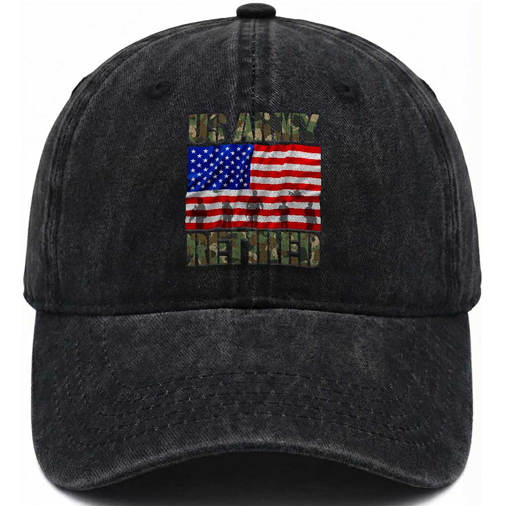 Retired Veteran Washed Cotton Baseball Cap American Flag US Army Patriotic USA Pride