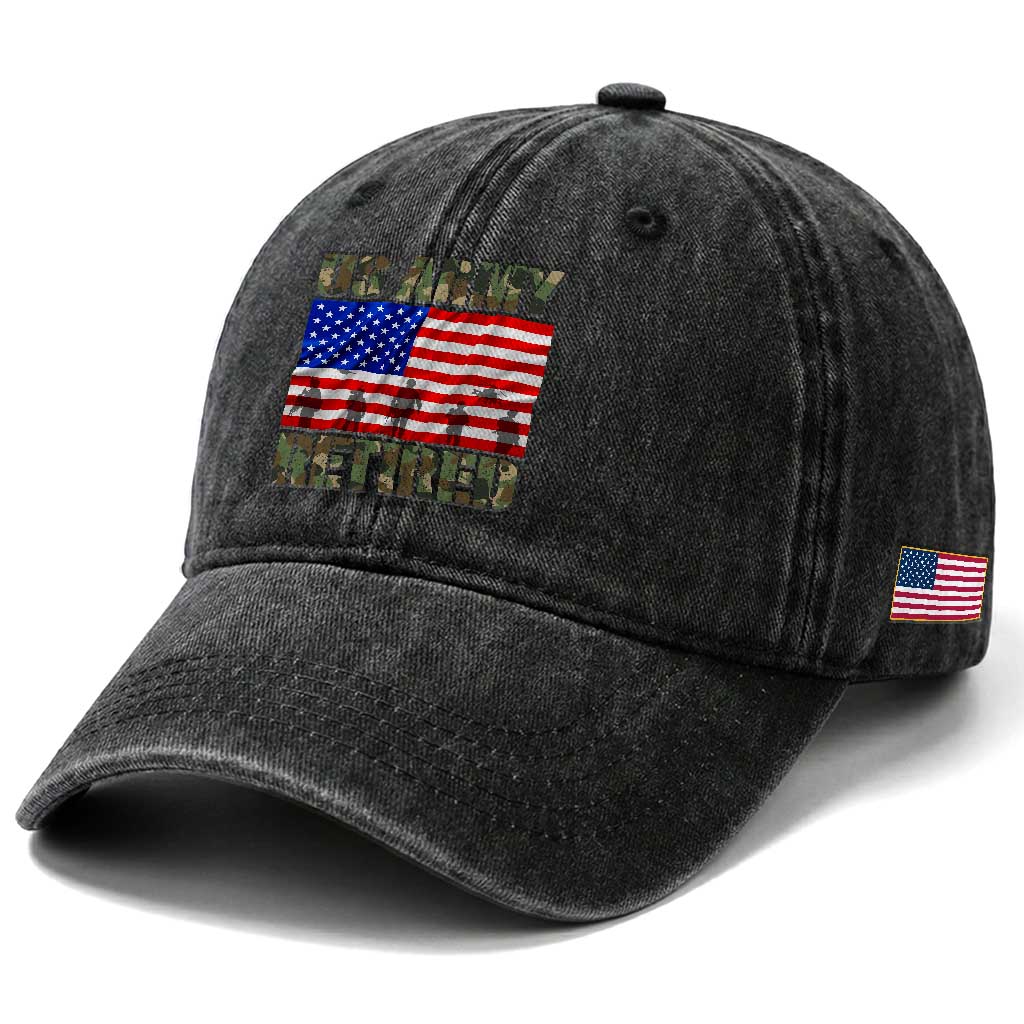 Retired Veteran Washed Cotton Baseball Cap American Flag US Army Patriotic USA Pride