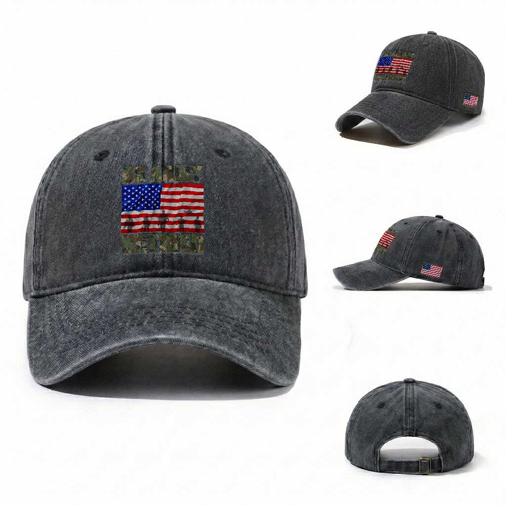 Retired Veteran Washed Cotton Baseball Cap American Flag US Army Patriotic USA Pride