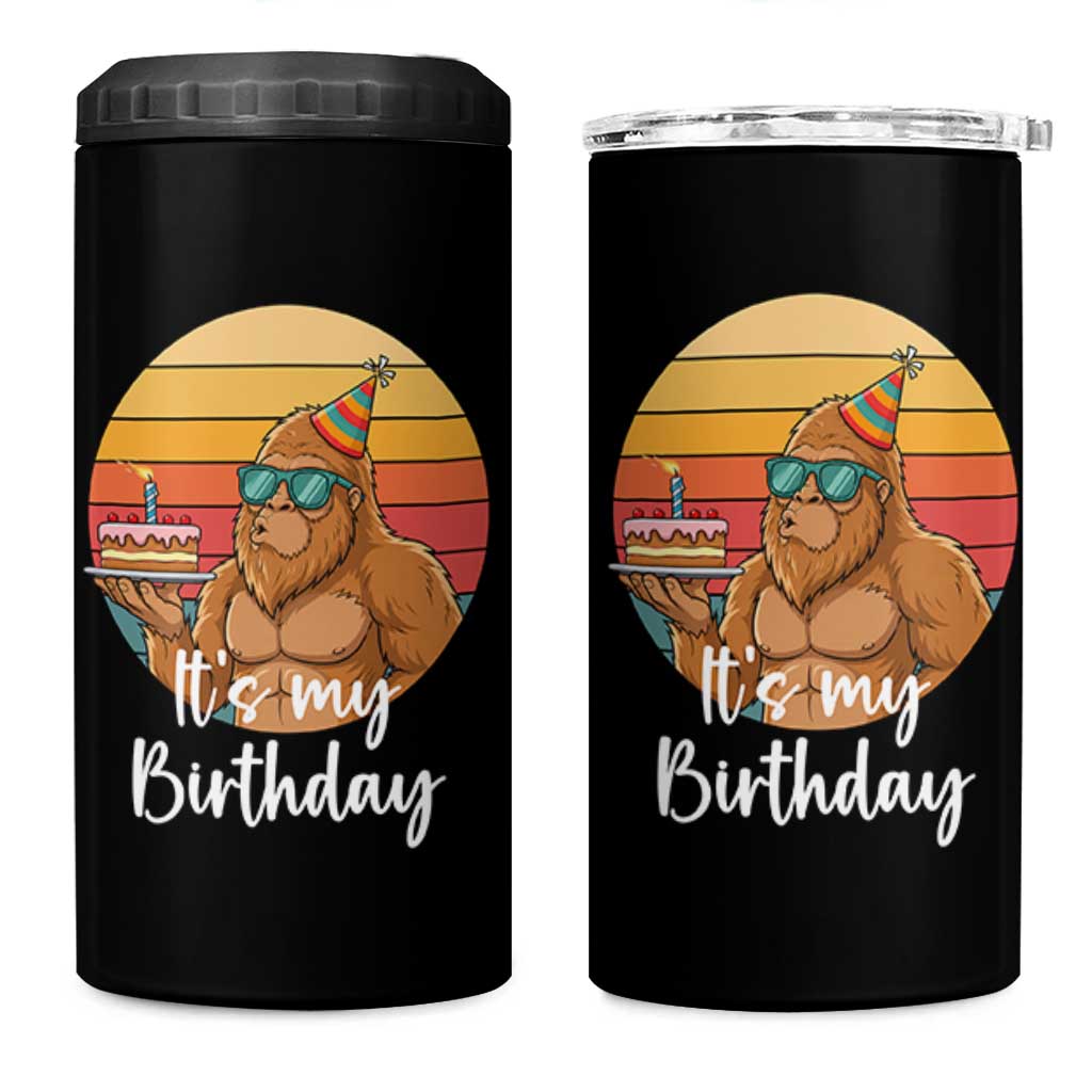 It Is My Birthday 4 in 1 Can Cooler Tumbler Funny Bigfoot Blowing Candle Birthday Cake