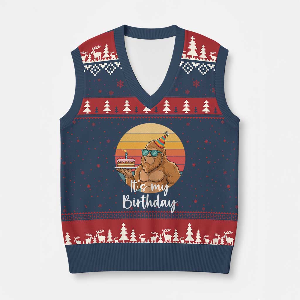 It Is My Birthday V-Neck Knit Sweater Vest Funny Bigfoot Blowing Candle Birthday Cake