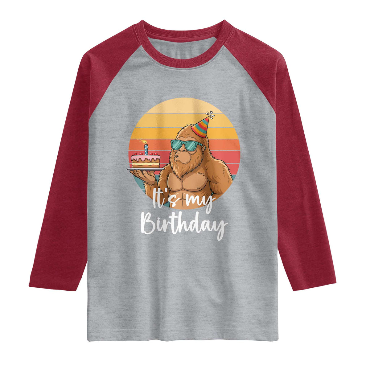 It Is My Birthday Raglan Shirt Funny Bigfoot Blowing Candle Birthday Cake