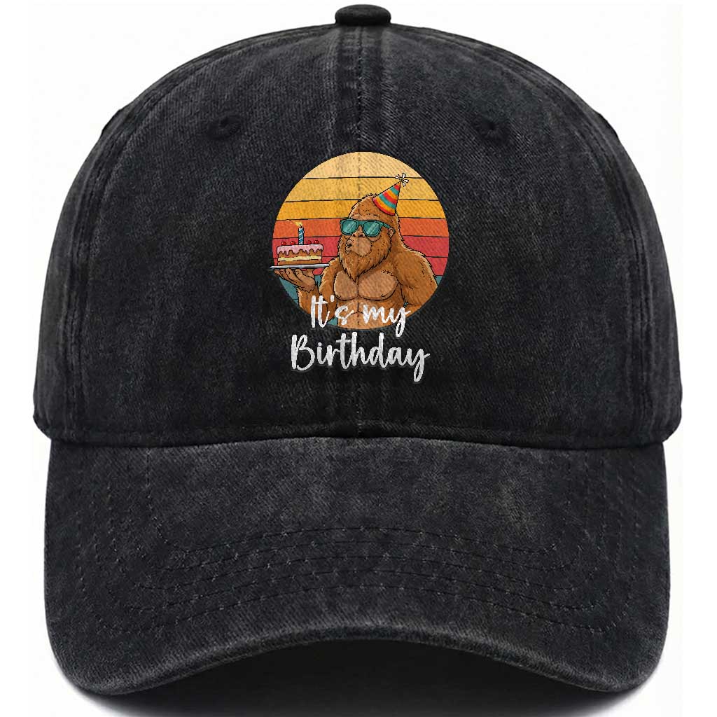 It Is My Birthday Washed Cotton Baseball Cap Funny Bigfoot Blowing Candle Birthday Cake